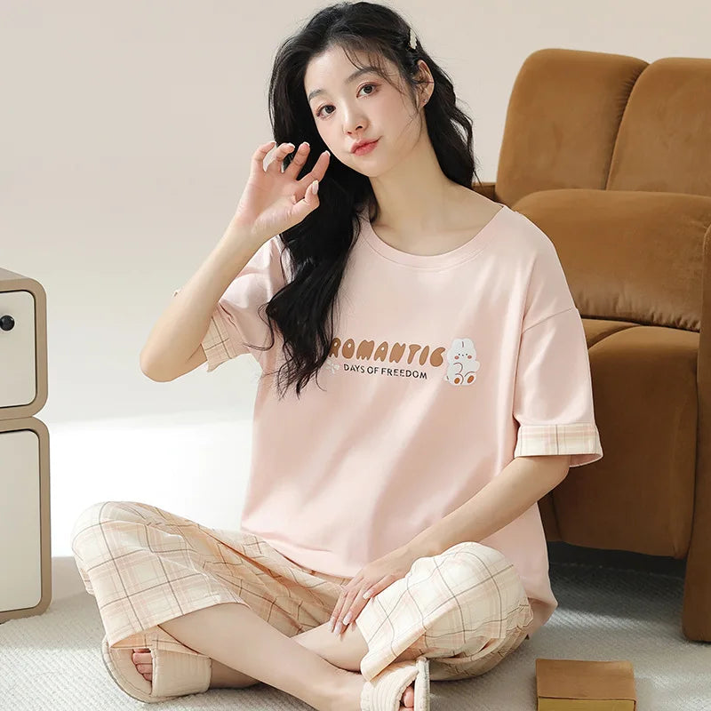 New Summer Pajamas Homewear Suit Women's Short-Sleeved Long Pants Ladies Large Size Loose Leisure Homewear Two-Piece Set