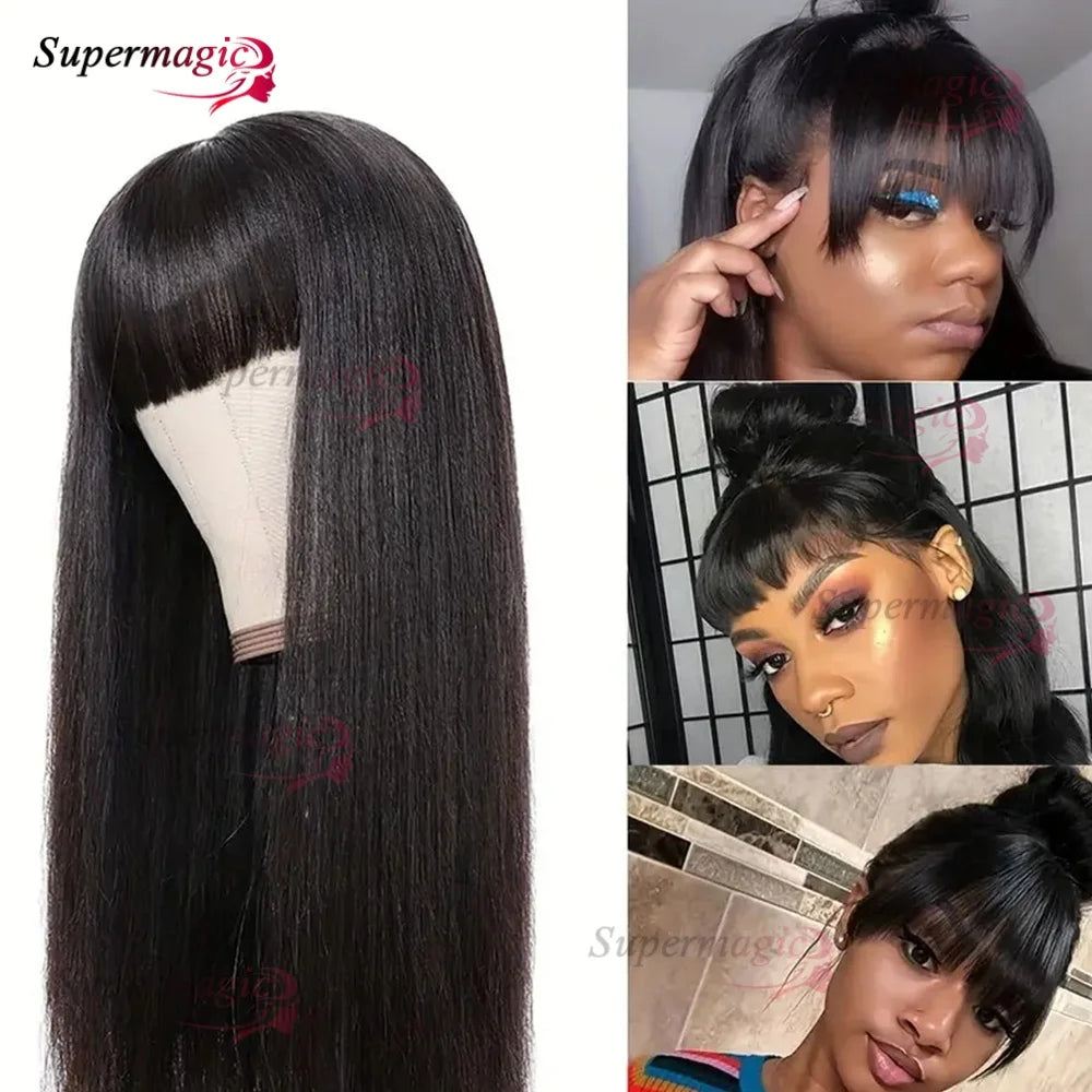 Raw Indian Bone Straight Human Hair With Bangs 4x4 Lace Middle Part Wigs For Black Women Brazilian 30 32 Inch Cheap Glueless Wig