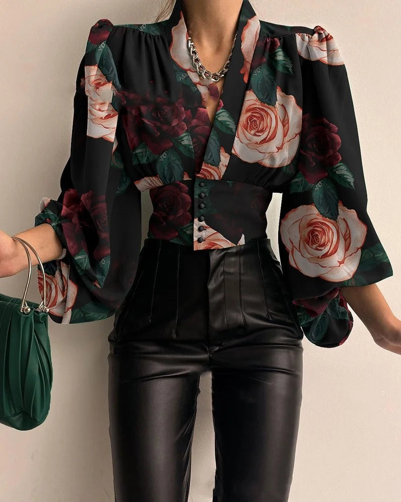 2022 New Spring Elegant Lantern Long Sleeve Shirts V-neck Button Solid Color Print Slim Shirt Casual Fashion Lady Office Blouses