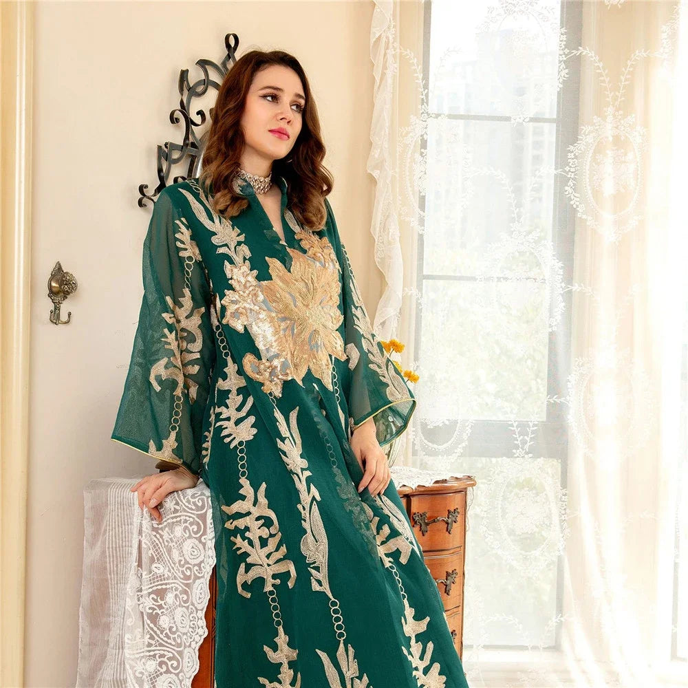 Muslim Abaya Dress Dubai Ramadan Sequins Floral Embroidered Moroccan Caftan Women Evening Gown Eid Djellaba Jalabiya Vestidos