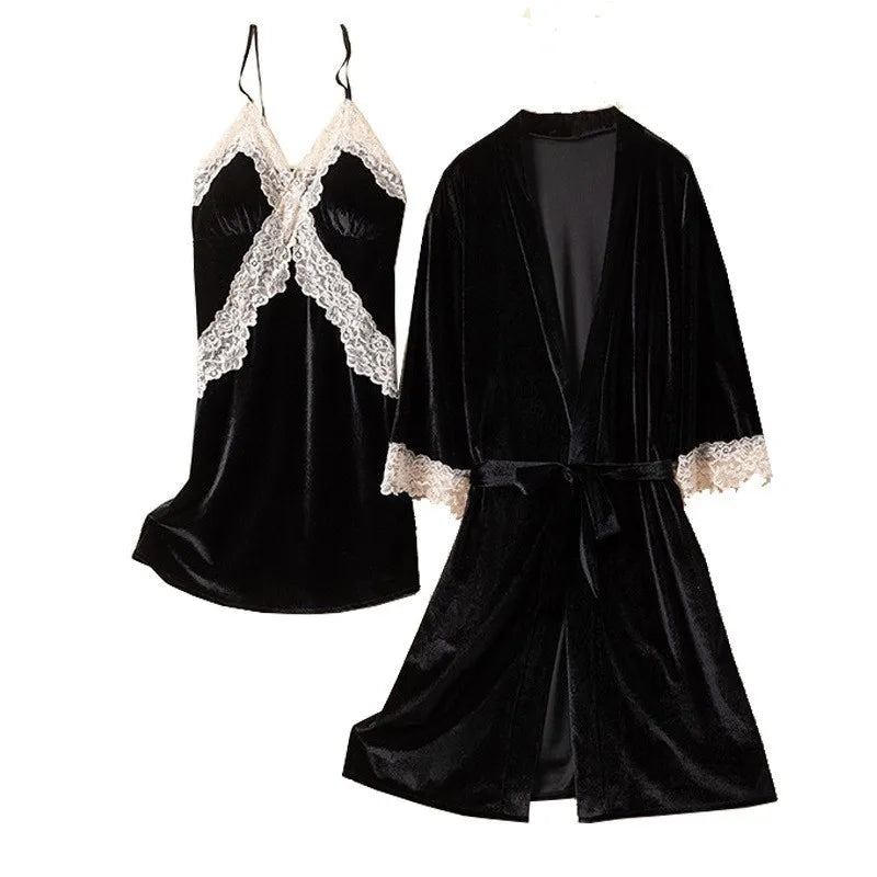Pajama Set Woman Thick Flannel Velvet Female Fall Sexy Lace Long-sleeved Suit With Corset Pads Sling Nightgown Robe Homewear