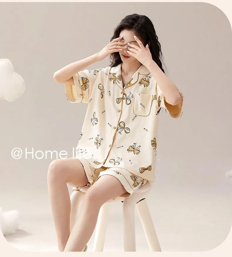 Dropshipping Female Pijamas Cartoon Summer Short Women Pajamas Sleeve Shorts Nightwear Sweet Sleepwear Pyjamas Woman Home Suit