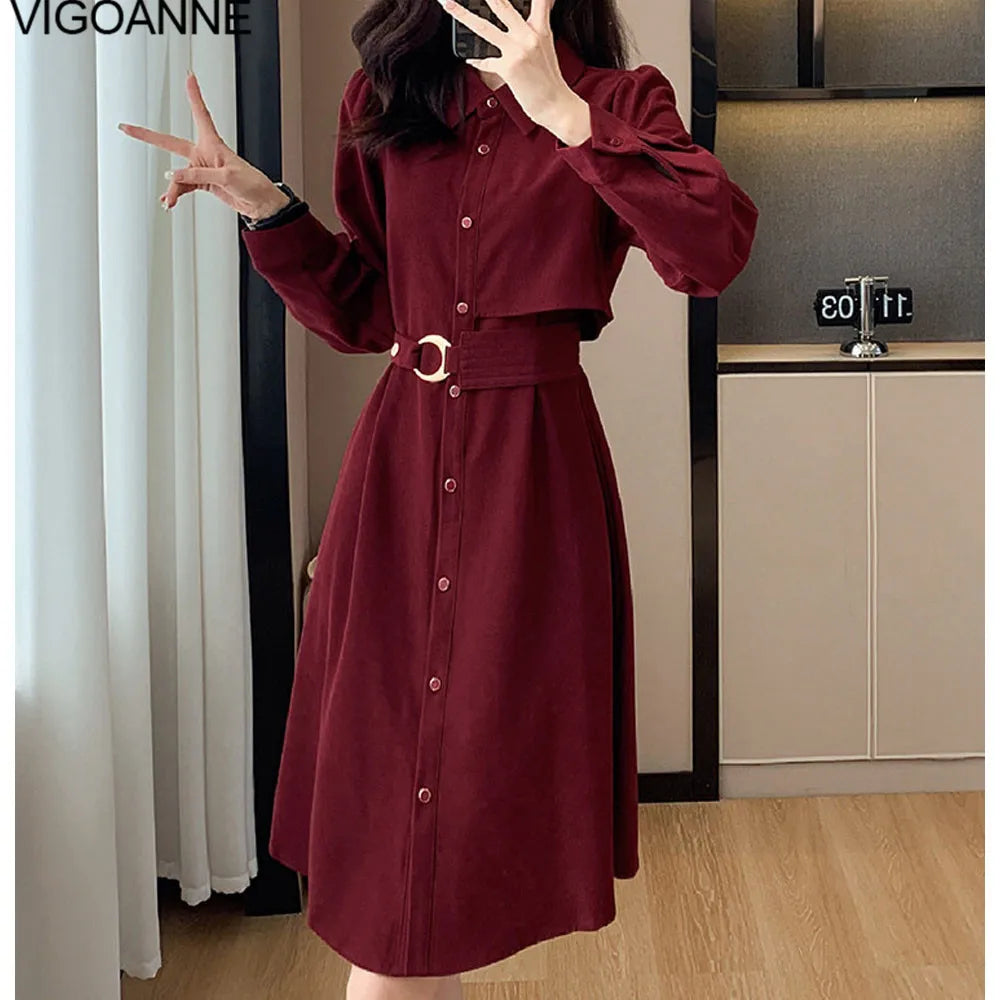VigoAnne 2025 Woman Solid Long Sleeve Dress Spring Autumn Single Breasted Korean Casual Dresses Lady Evening Party Tight Dress