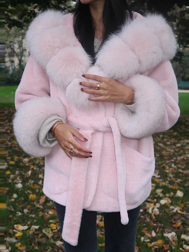 Elegant Hoody Faux Fur Women's Coat Loose Long Sleeve Pocket Warm Thicken Lady Coats 2025 Autumn Winter Chic Lady Streetwear