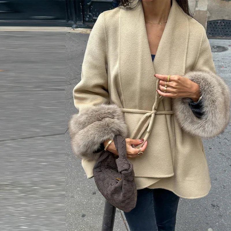 Elegant Fur Shawl Women's Coat Long Sleeve Patchwork Woolen Lace Up V-neck Solid Female Coats 2025 Autumn Winter Lady Jackets