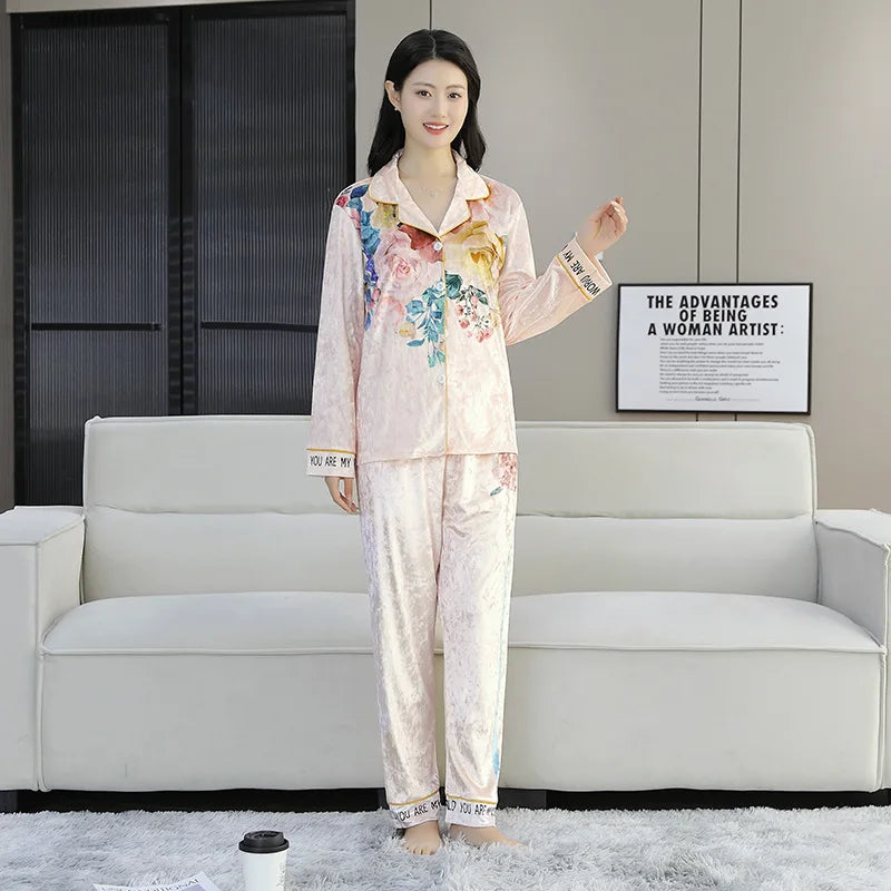 Women Pajama Sets Velvet Pajamas Women's Fall Long-sleeved Set of Women's Senior Fashion Cardigan Models Plus Size Homewear