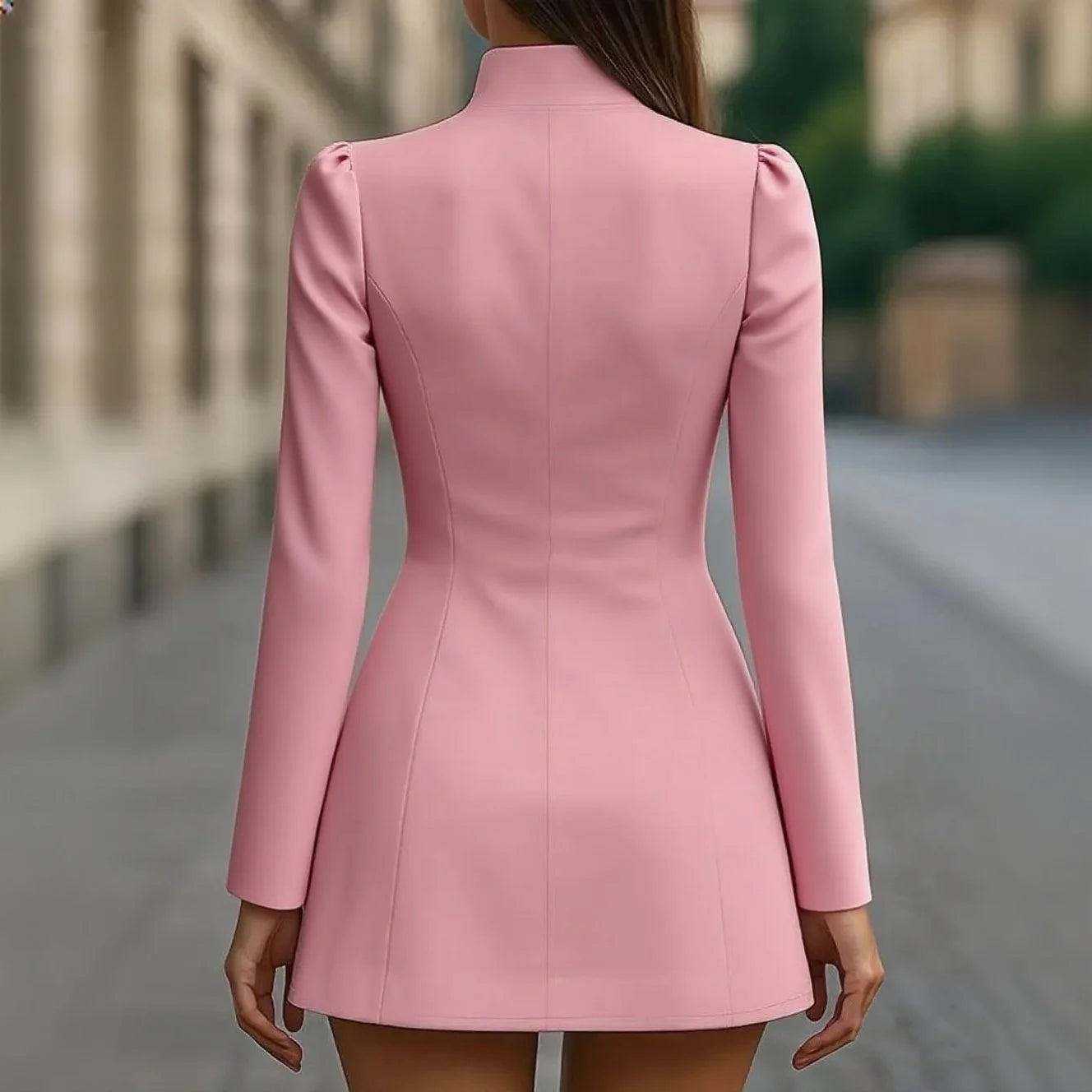 Women's Fashionable Stand Collar Single-Breasted Slim Fit Formal Mini Dress
