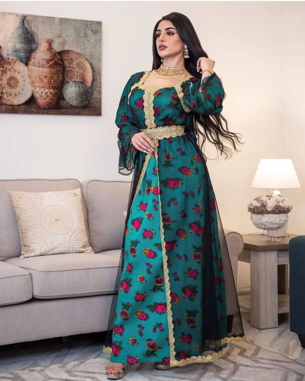 Luxury Middle East Abayas for Women Dubai Dress Lace Applique Mesh Printing Long Sleeves Elegant Evening Party Muslim Clothes