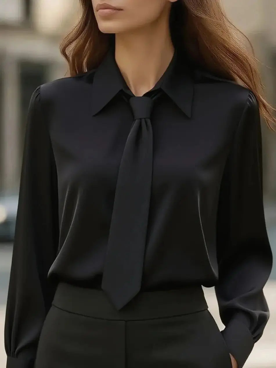 Women's Solid Color Satin Tie Long Sleeve Casual Shirt Work Shirt Blouse Plain Modern Casual Long Sleeve Shirt