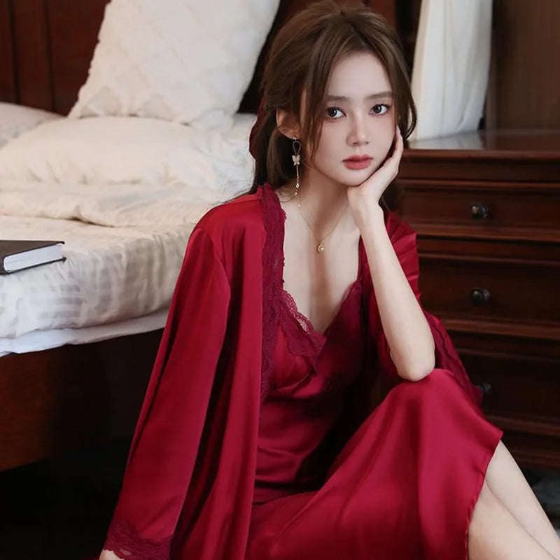 Sexy Ladies Silk Homewear French Pajamas Women's Spring And Fall Senior Ice Silk Extra-long Nightgown Wedding Bride Robe