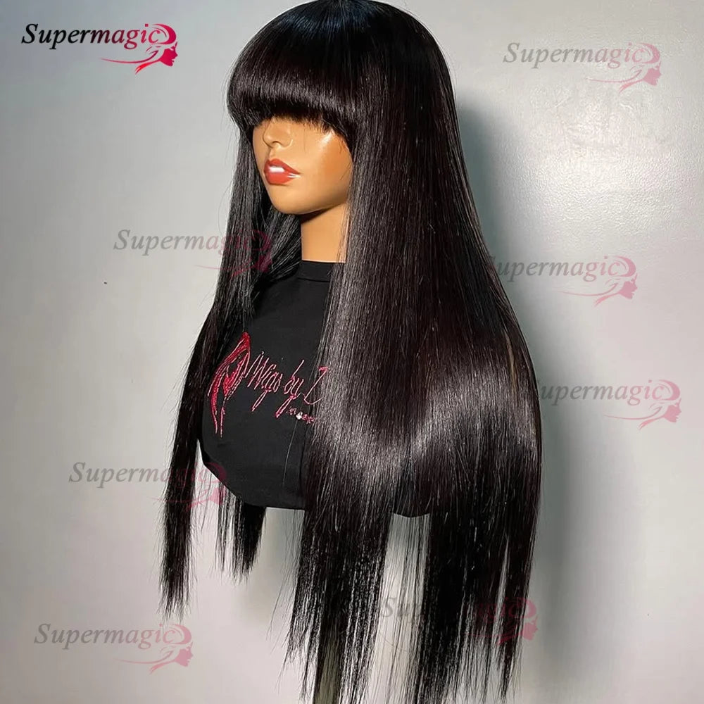 Raw Indian Bone Straight Human Hair With Bangs 4x4 Lace Middle Part Wigs For Black Women Brazilian 30 32 Inch Cheap Glueless Wig