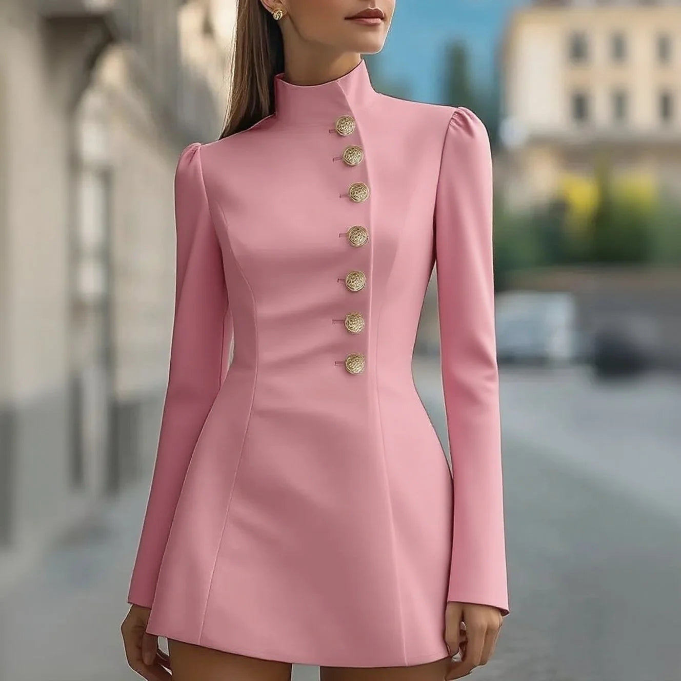 Women's Fashionable Stand Collar Single-Breasted Slim Fit Formal Mini Dress