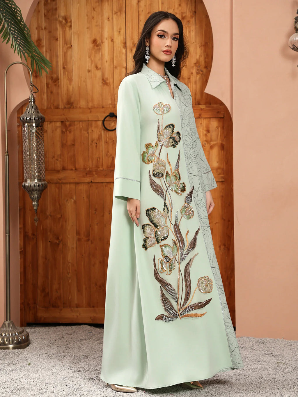 Eid Abaya Party Dress Women Lapel Shirt Dresses Sequins Embroidery Office Lady Muslim Jalabiya Ramadan Vestidos Largos Robe