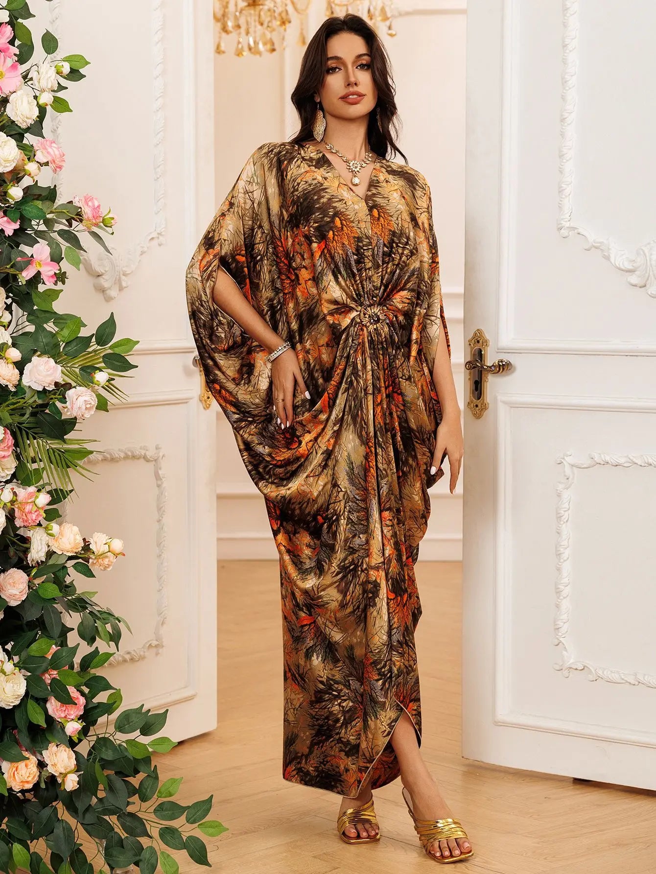 Eid Women Dress Muslim Abaya Print V Neck Party Jalabiya Ramadan Long Dresses Abayas Vestidos Largos Kaftan Arab Long Robe 2025