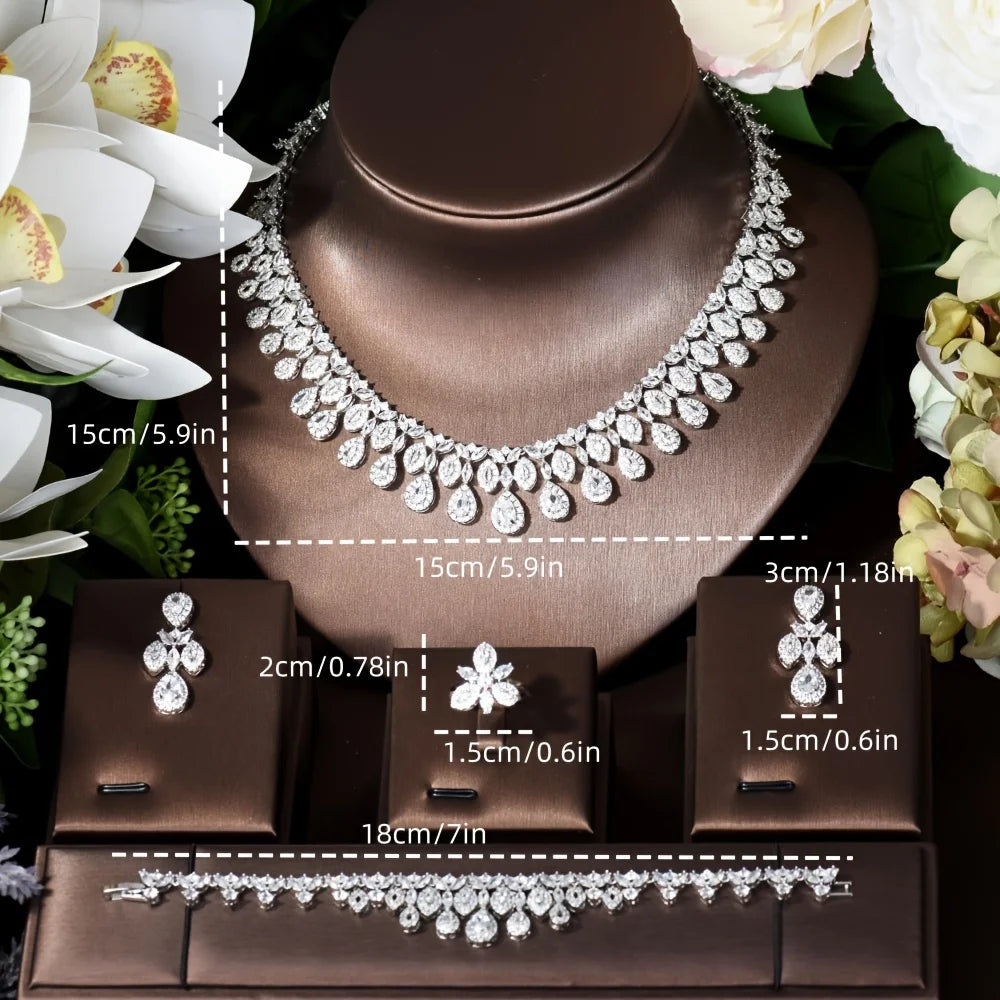 Nigeria White Gold Color Cubic Zirconia Bridal Wedding Jewelry Set Water Drop Shape 4PCS Necklace Earring Set Bijoux S-348