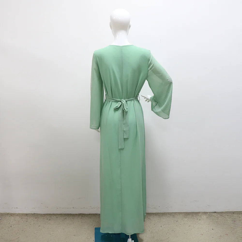 2026 Saudi Arabia Dubai Fashion Diamond Dress Women Muslim Dresses Abaya Chiffon Robe Middle Eastern Women's Clothing Maxi Dress