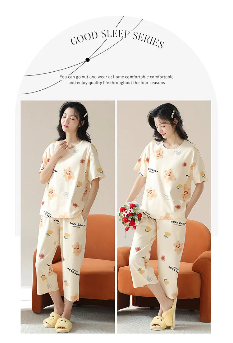 New Summer Pajamas Homewear Suit Women's Short-Sleeved Long Pants Ladies Large Size Loose Leisure Homewear Two-Piece Set