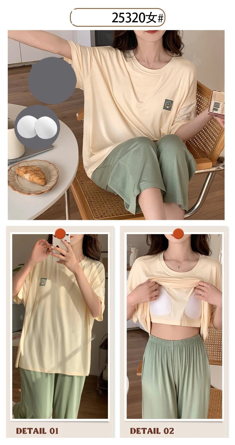 Female Loungewear Pijama Mujer Homewear Summer Nightwear Elegant Women's Pajama Sets Women With Breast Pad Femme Sleepwear