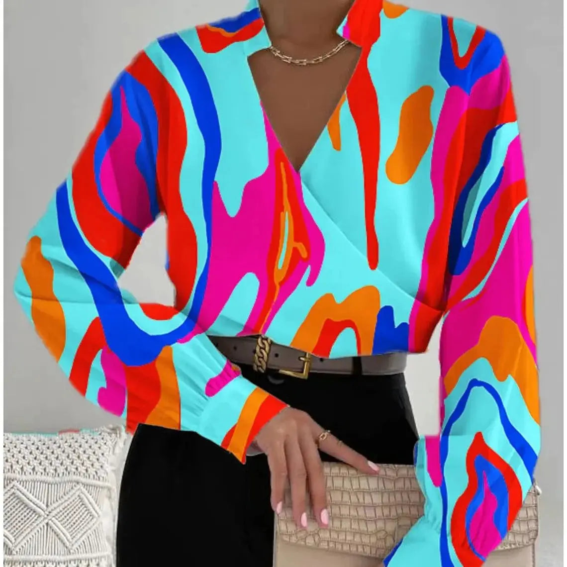 Women's blouse with loose floral print elegant shirt fashion lady of the office collar with V collar long sleeves autumn