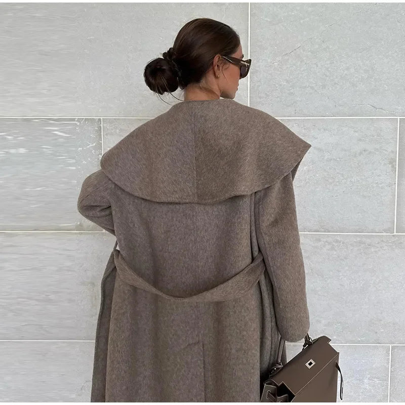 Solid Large Lapel Belted Long Woolen Women Coat Elegant Full Sleeve Lace Up Overcoat  2025 Autumn Winter Wrap Style Outerwear