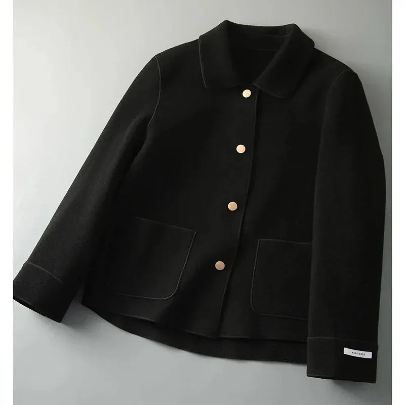 Double-Sided Woolen Short Coat Women's Suiting Jacket Autumn Winter New Style Turn-down Collar New Top Polyester Fiber