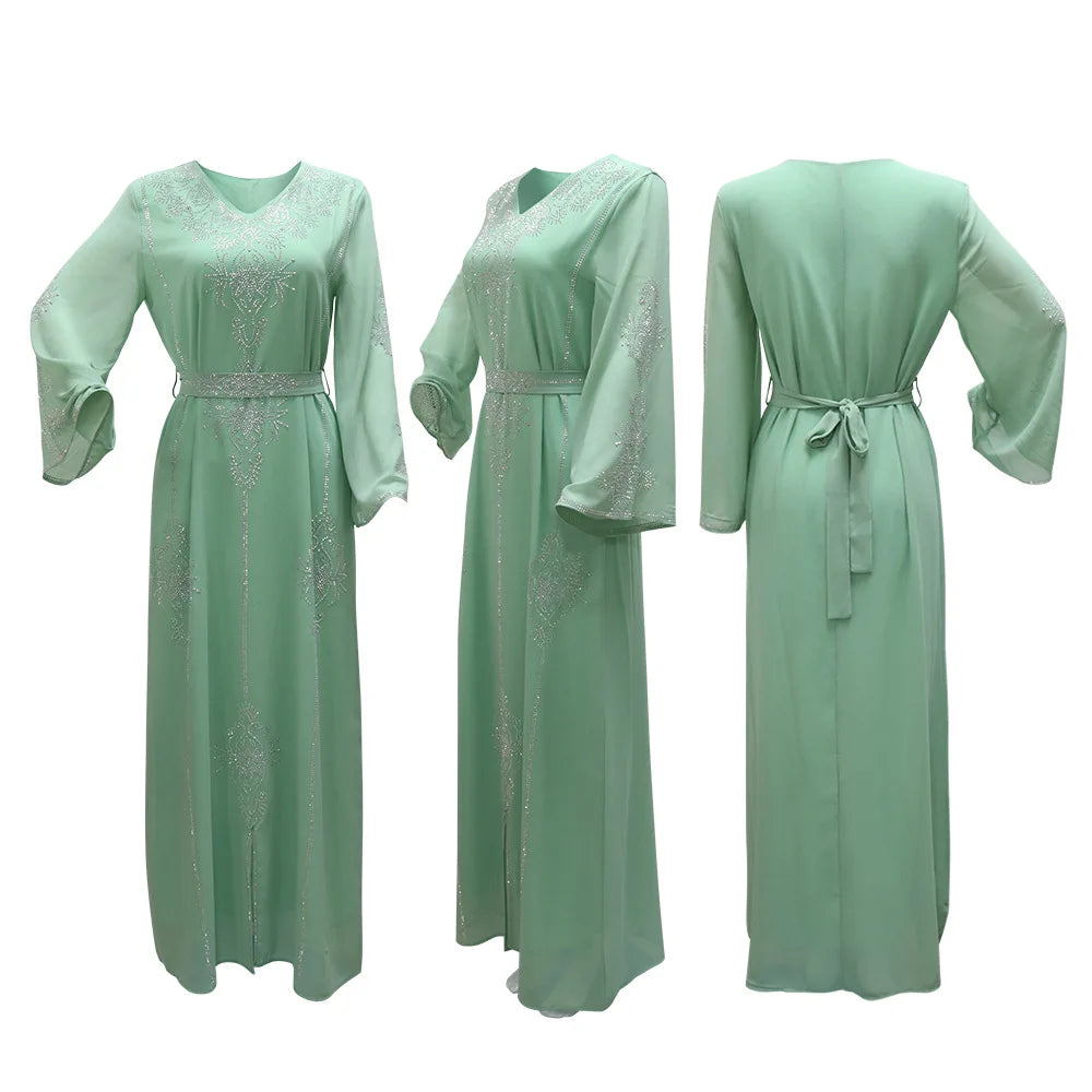 2026 Saudi Arabia Dubai Fashion Diamond Dress Women Muslim Dresses Abaya Chiffon Robe Middle Eastern Women's Clothing Maxi Dress