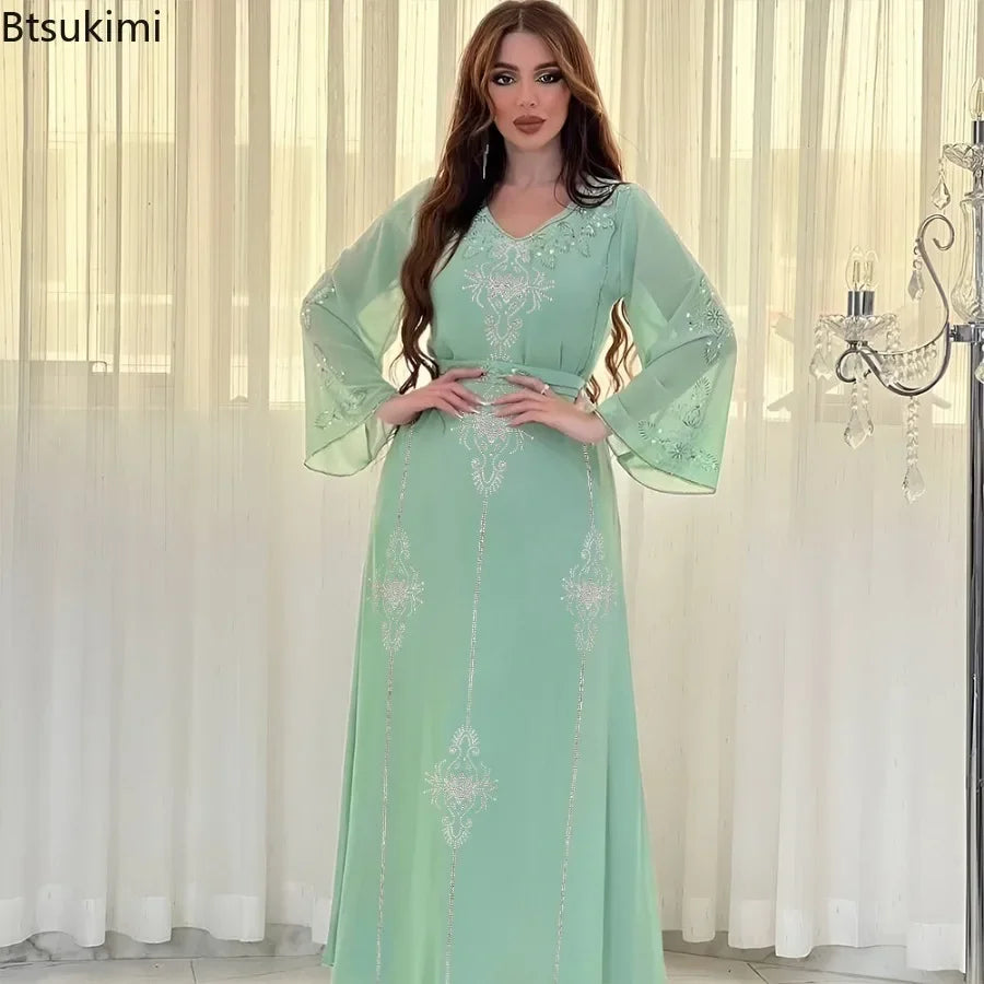 2026 Saudi Arabia Dubai Fashion Diamond Dress Women Muslim Dresses Abaya Chiffon Robe Middle Eastern Women's Clothing Maxi Dress
