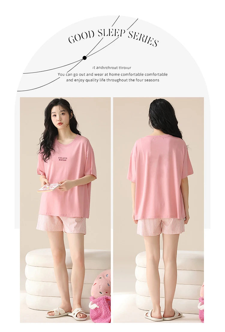 Female Summer Pijamas Short Women Cotton Pajamas Sleeve Shorts Nightwear Sweet Sleepwear Cartoon Pyjamas Woman Home Suit
