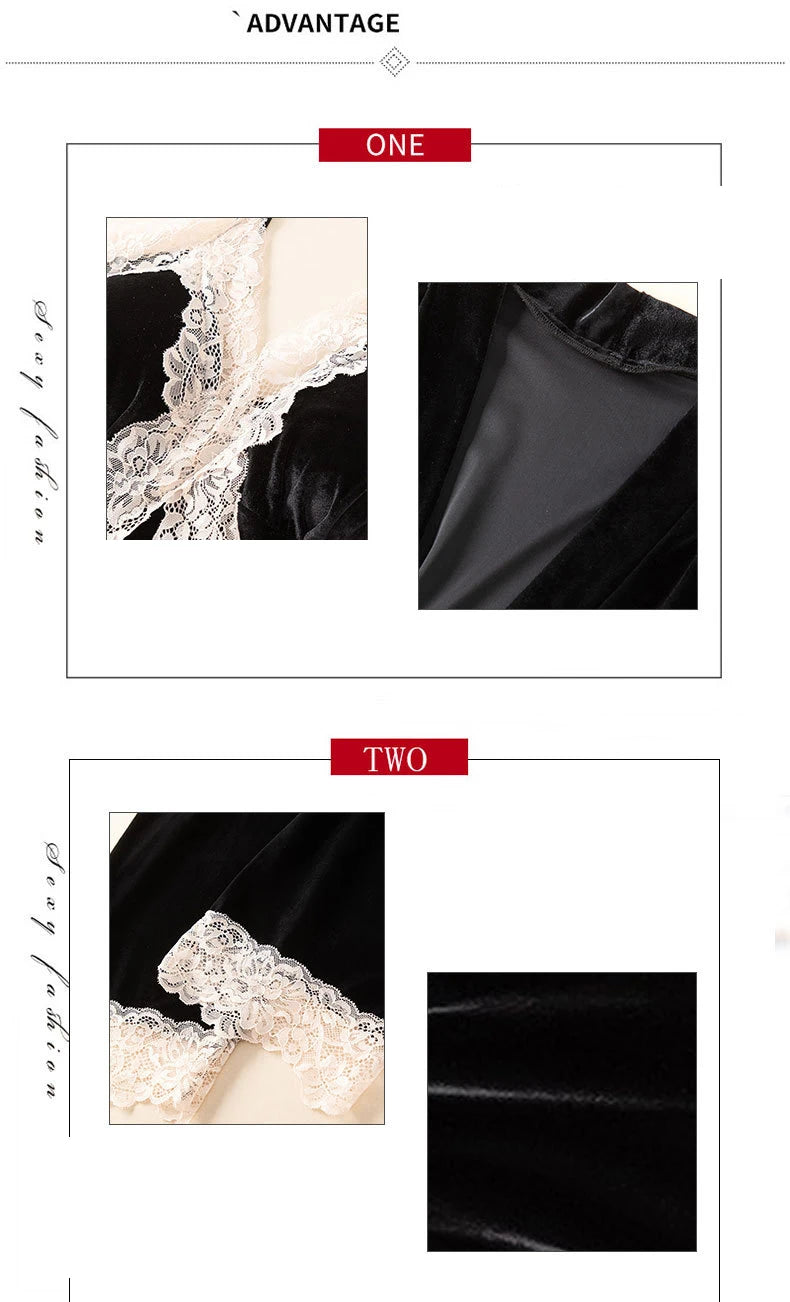 Pajama Set Woman Thick Flannel Velvet Female Fall Sexy Lace Long-sleeved Suit With Corset Pads Sling Nightgown Robe Homewear