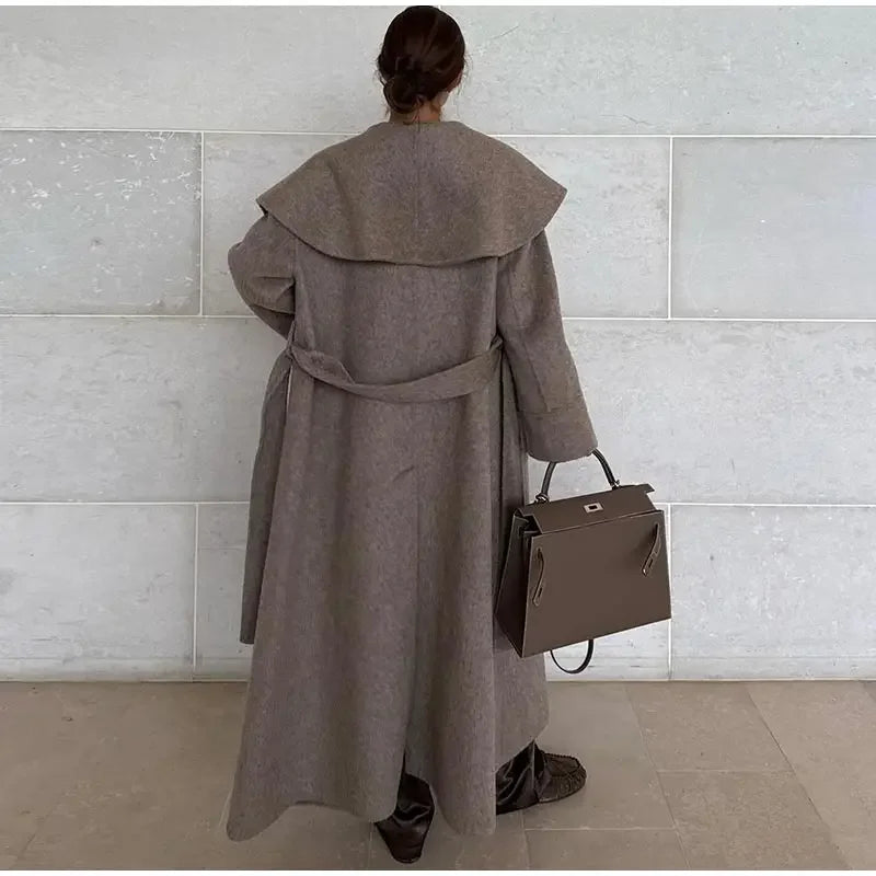 Solid Large Lapel Belted Long Woolen Women Coat Elegant Full Sleeve Lace Up Overcoat  2025 Autumn Winter Wrap Style Outerwear
