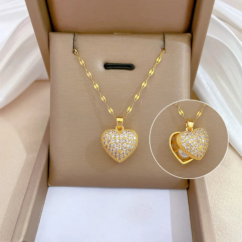ZAKOL French Shell Pearl Necklace For Women Gold Color Stainless Steel Zircon Love Heart Clavicle Chain Choker Wedding Jewelry
