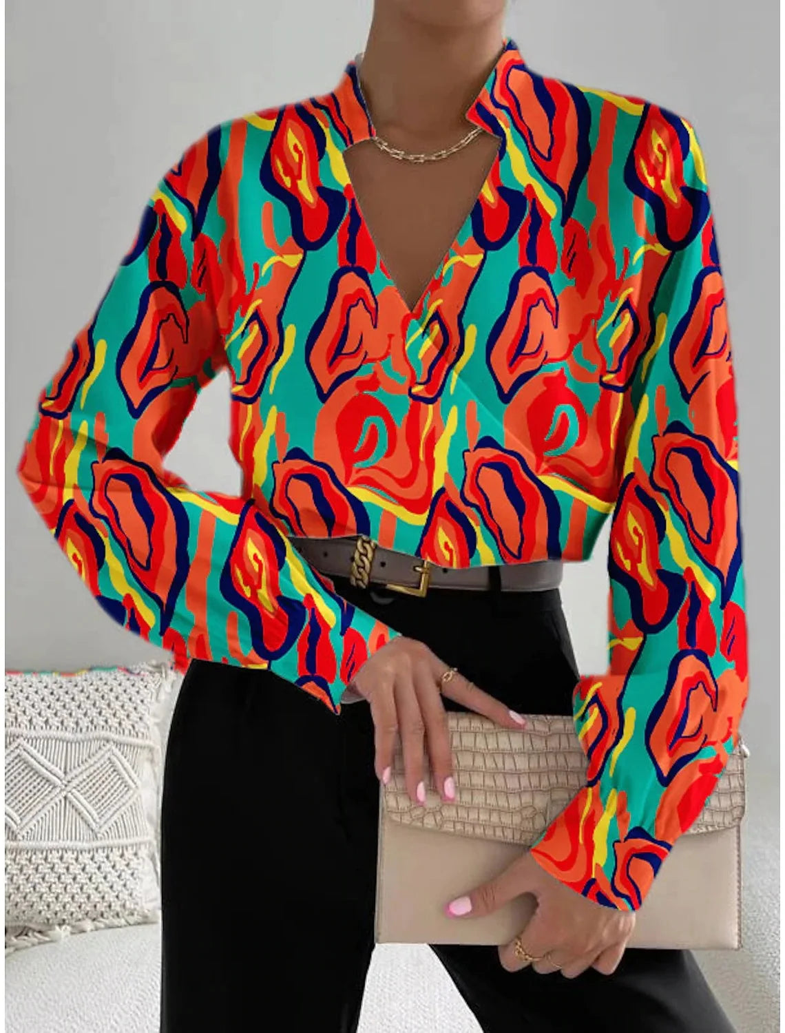 Women's blouse with loose floral print elegant shirt fashion lady of the office collar with V collar long sleeves autumn
