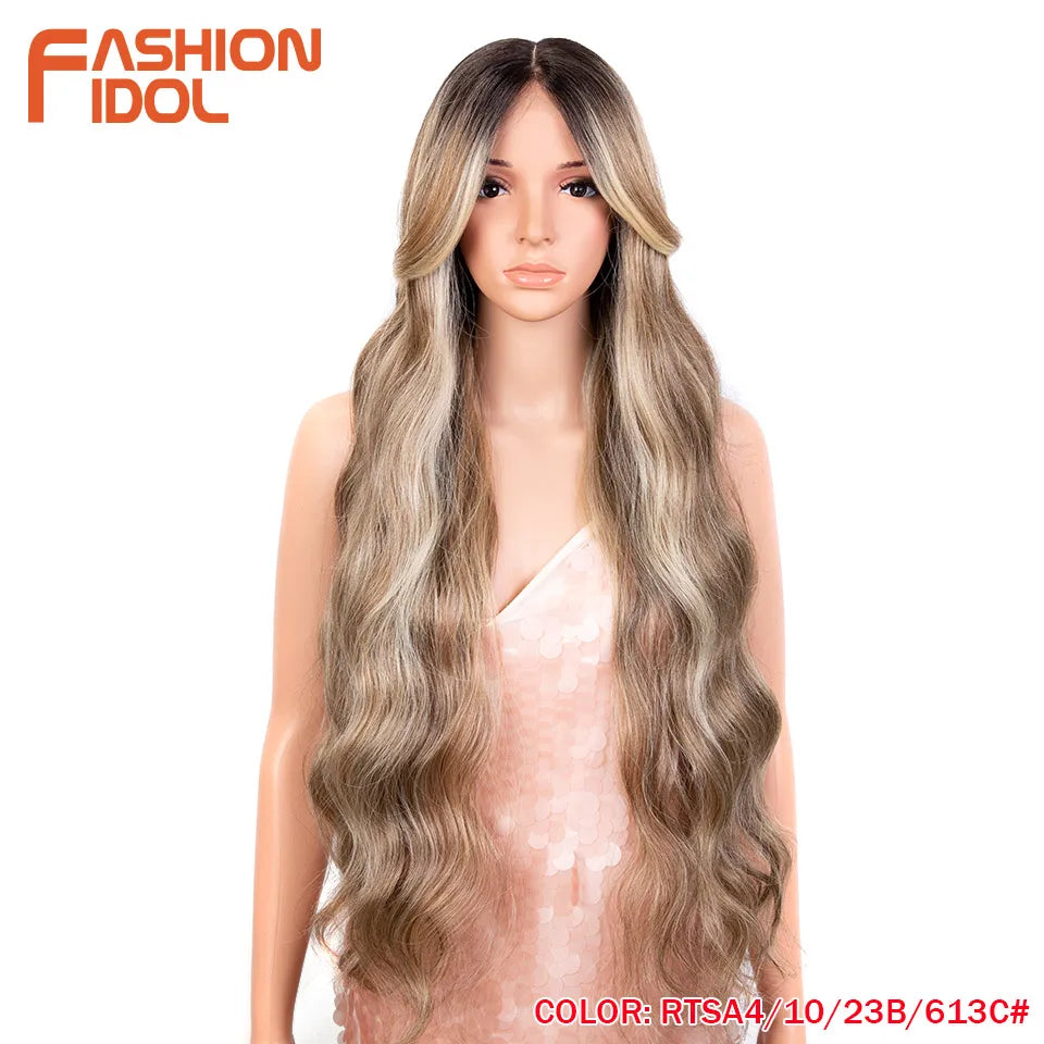 FASHION IDOL 34 Inch Lace Front Wigs Synthetic Ombre Blonde Brown Colorful Wigs For Women Heat Resistant Fiber Cosplay Wigs