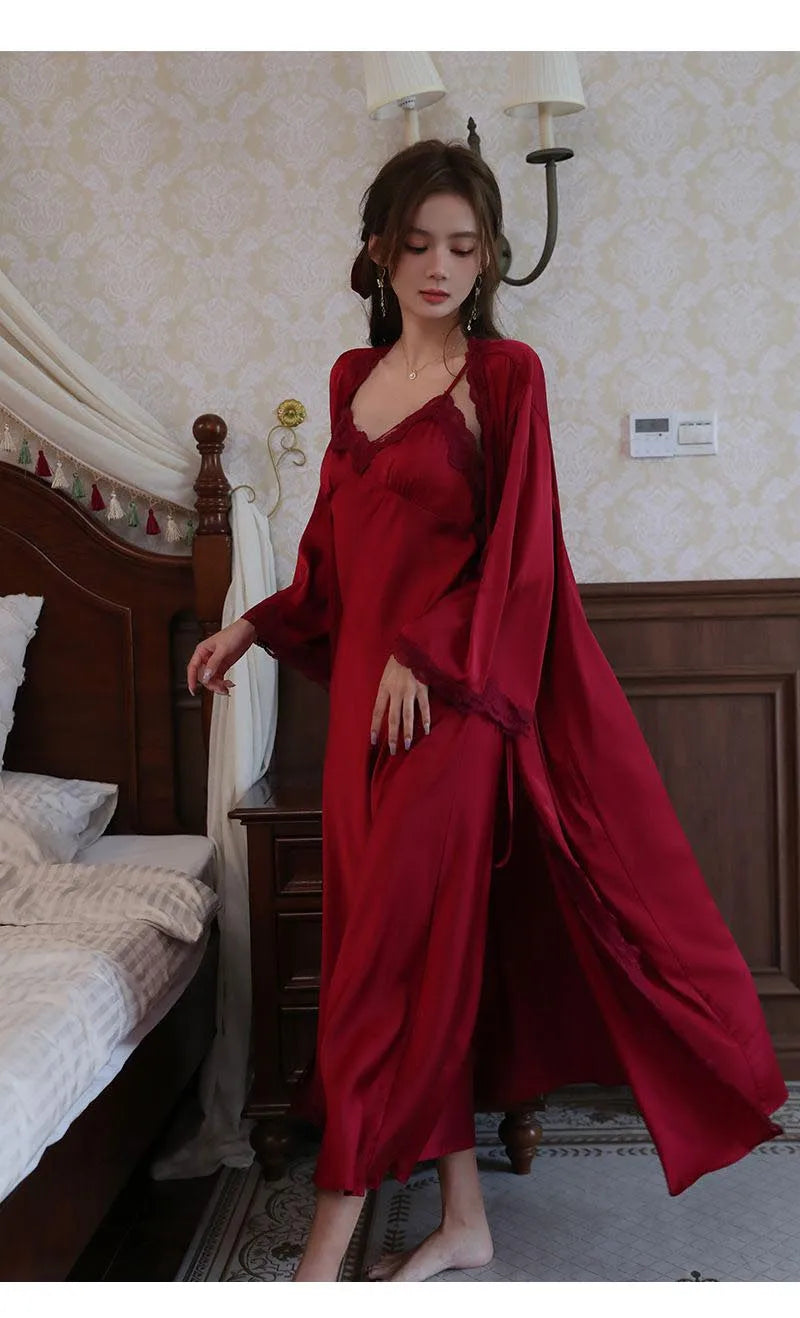 Sexy Ladies Silk Homewear French Pajamas Women's Spring And Fall Senior Ice Silk Extra-long Nightgown Wedding Bride Robe