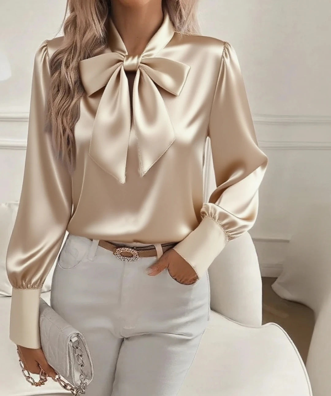 Women's Satin Solid Color Bow Tie Neck Long Sleeve Dressy Elegant Tie Neck Blouse Shirt Tops, Casual Office Work Blouse Tops