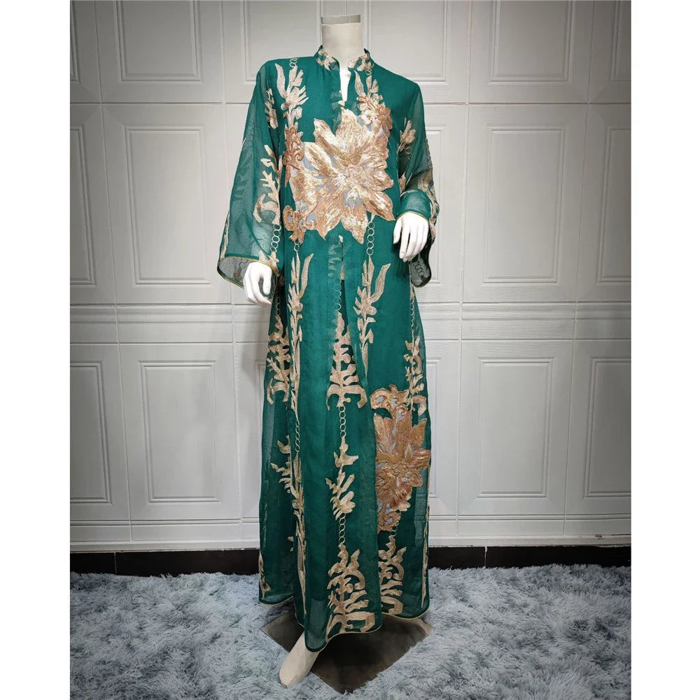 Muslim Abaya Dress Dubai Ramadan Sequins Floral Embroidered Moroccan Caftan Women Evening Gown Eid Djellaba Jalabiya Vestidos