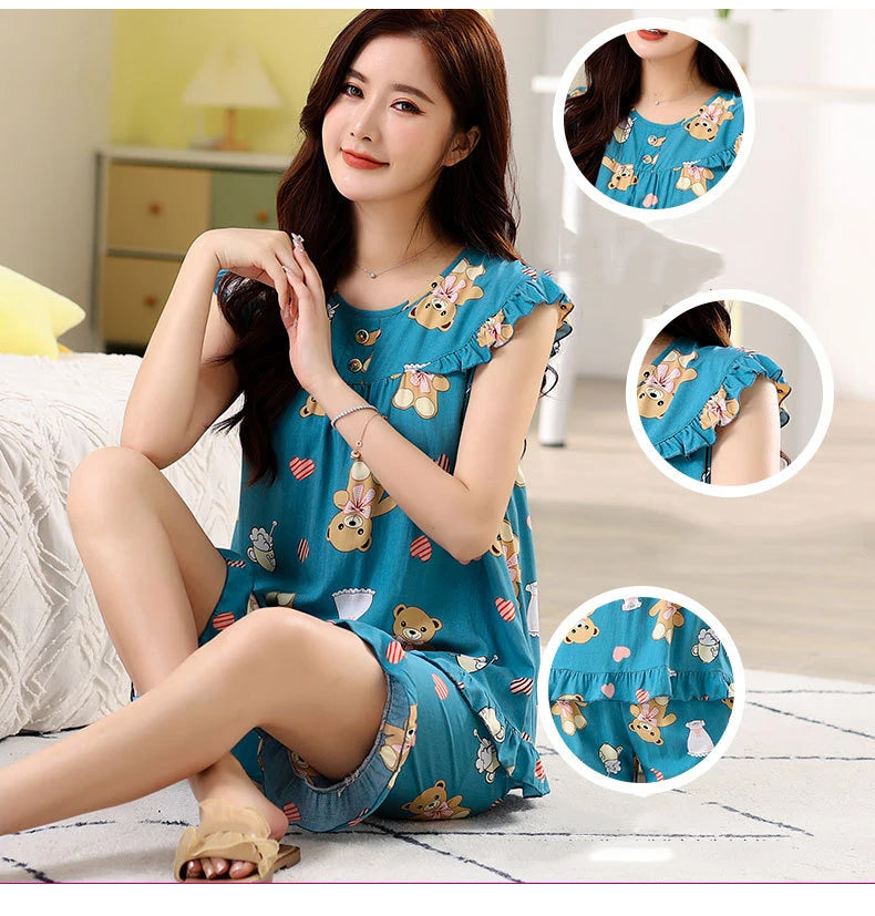 Summer Short Heart Leisure Embroidery Shirt +Shorts 2 Pieces Set Loungwear For Women Women Sexy Silk Pajama Set