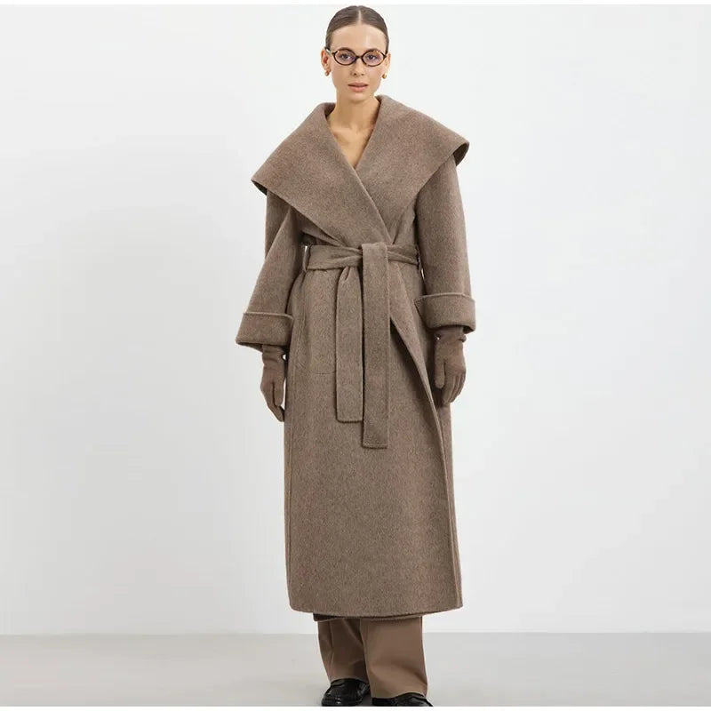 Solid Large Lapel Belted Long Woolen Women Coat Elegant Full Sleeve Lace Up Overcoat  2025 Autumn Winter Wrap Style Outerwear