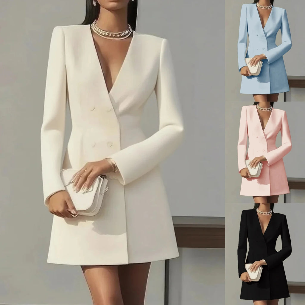 Fashionable V-neck Long-sleeved Double-breasted Waist Mini Dress