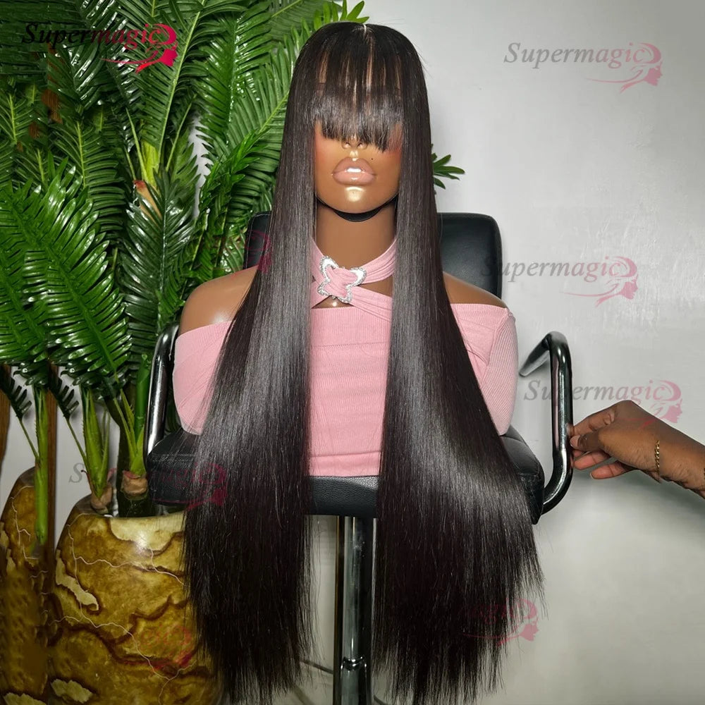 Raw Indian Bone Straight Human Hair With Bangs 4x4 Lace Middle Part Wigs For Black Women Brazilian 30 32 Inch Cheap Glueless Wig