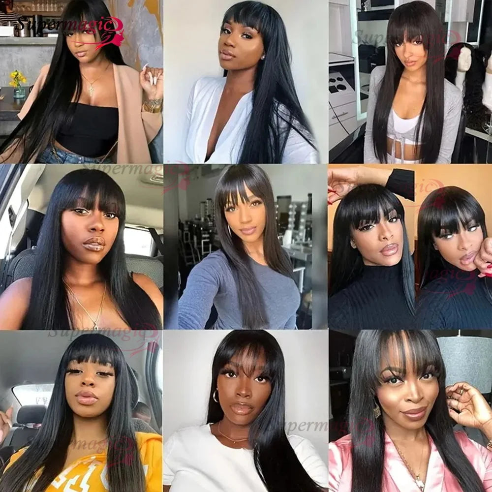 Raw Indian Bone Straight Human Hair With Bangs 4x4 Lace Middle Part Wigs For Black Women Brazilian 30 32 Inch Cheap Glueless Wig