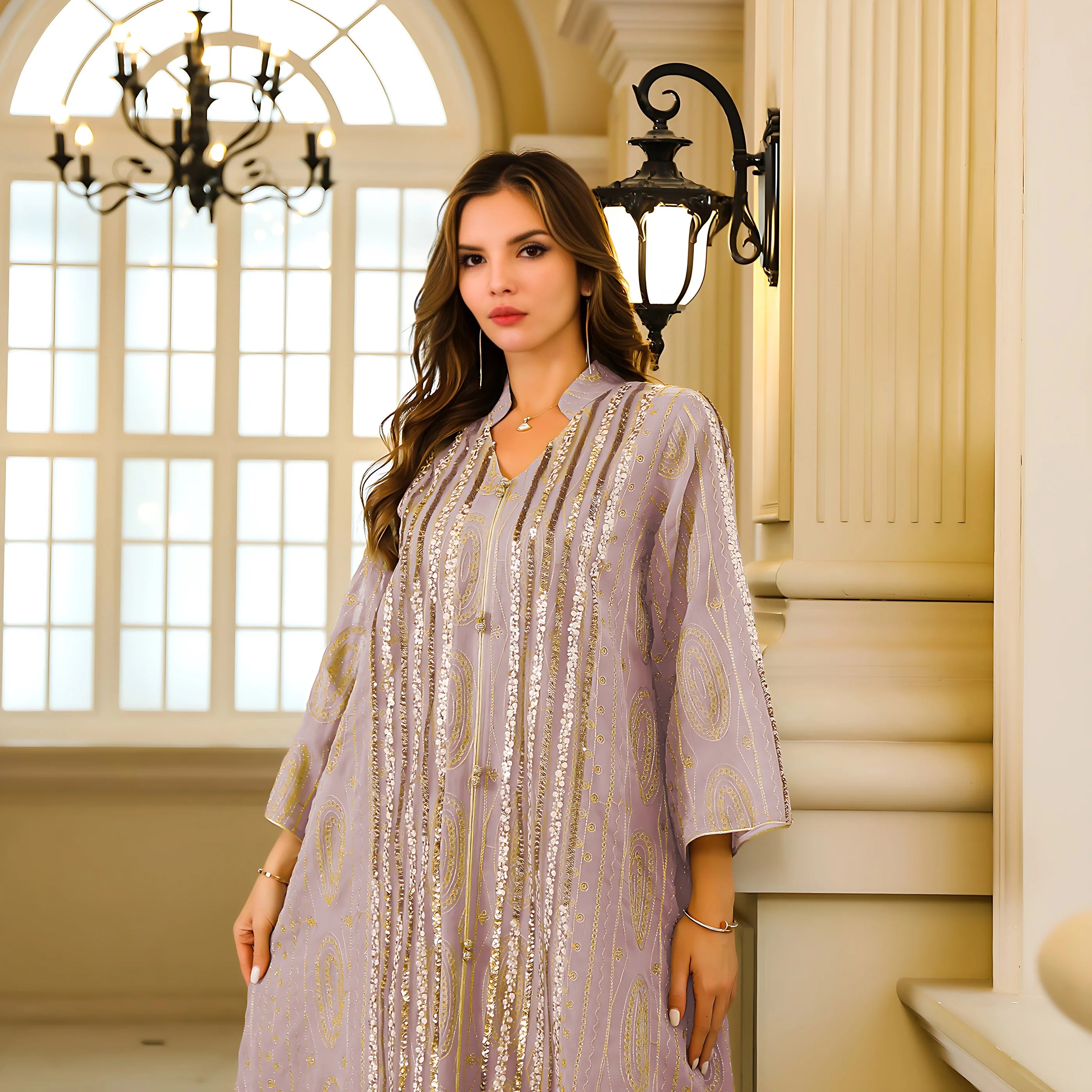 Fashion Muslim Jalabiya Abaya for Women Elegant Long Sleeve Dress Dubai Turkey Loose Sequin Dress Moroccan Islamic Party Clothes
