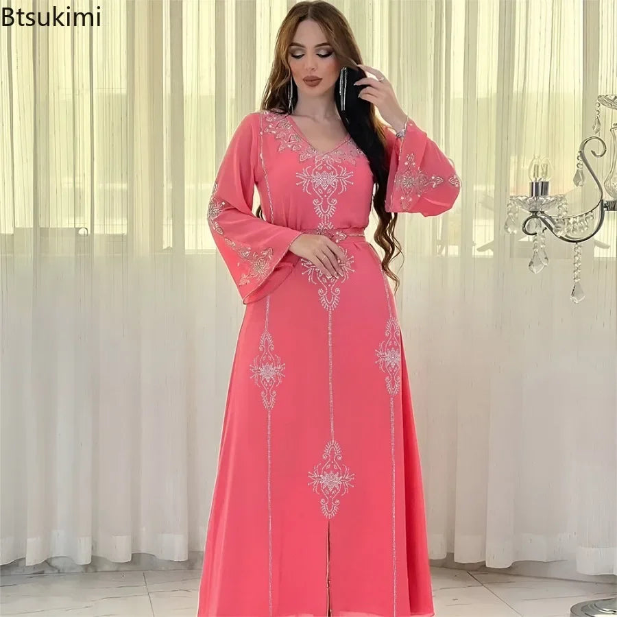 2026 Saudi Arabia Dubai Fashion Diamond Dress Women Muslim Dresses Abaya Chiffon Robe Middle Eastern Women's Clothing Maxi Dress