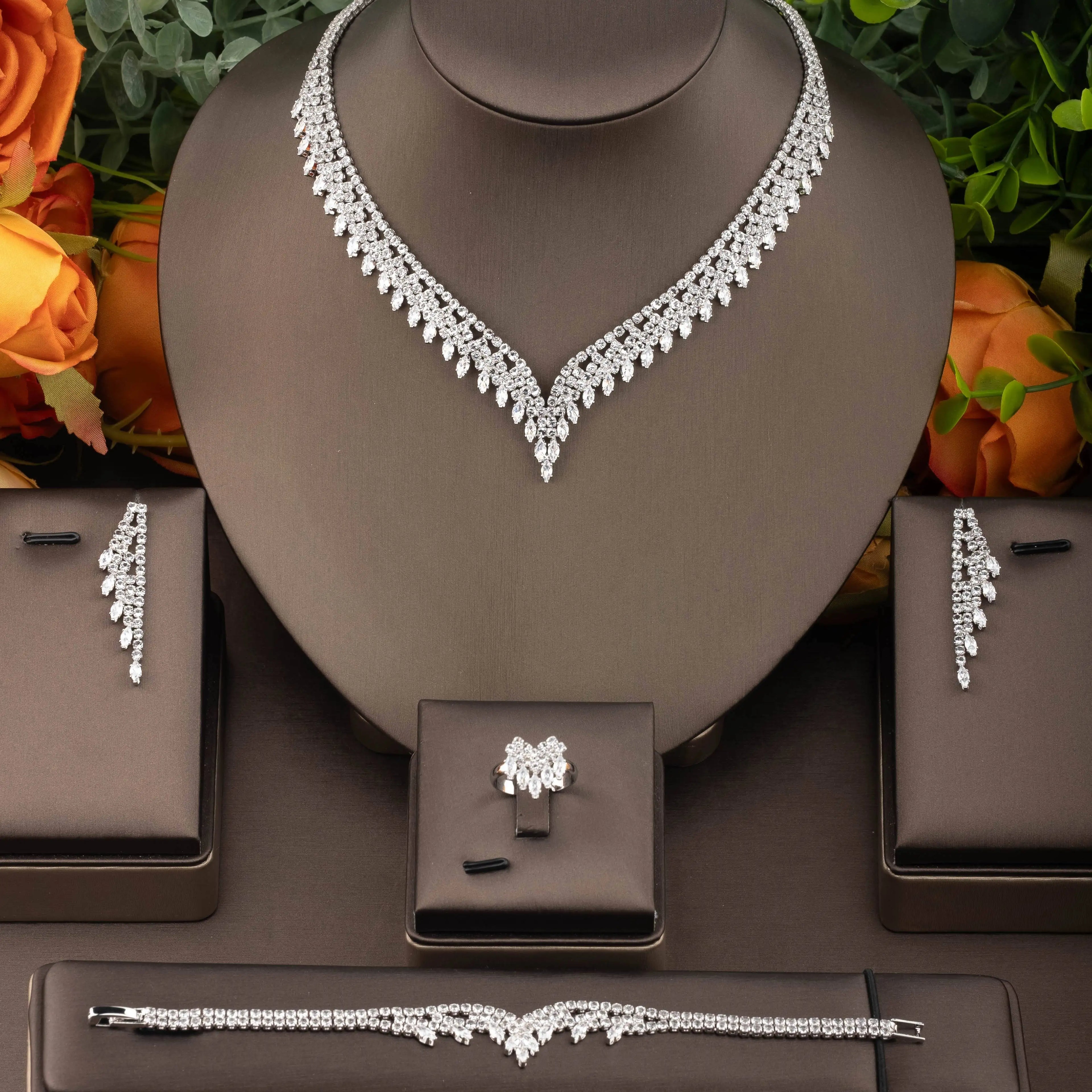 Fashion Cubic Zircon Leaf Pendant Necklace and Earrings Set 4PCS Bridal Wedding Jewelry Set for Women Gifts Bijoux  S-353