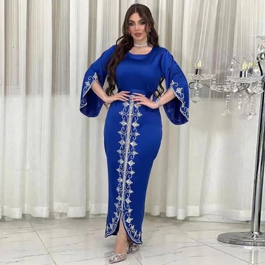 Elegant Satin Evening Gown Muslim Dress Women Abaya Long Sleeve Turkish Dresses Stylish Diamond Women Maxi Dress Dubai Kaftan