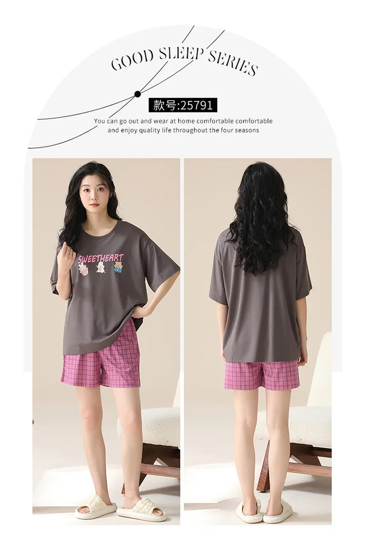 Female Summer Pijamas Short Women Cotton Pajamas Sleeve Shorts Nightwear Sweet Sleepwear Cartoon Pyjamas Woman Home Suit