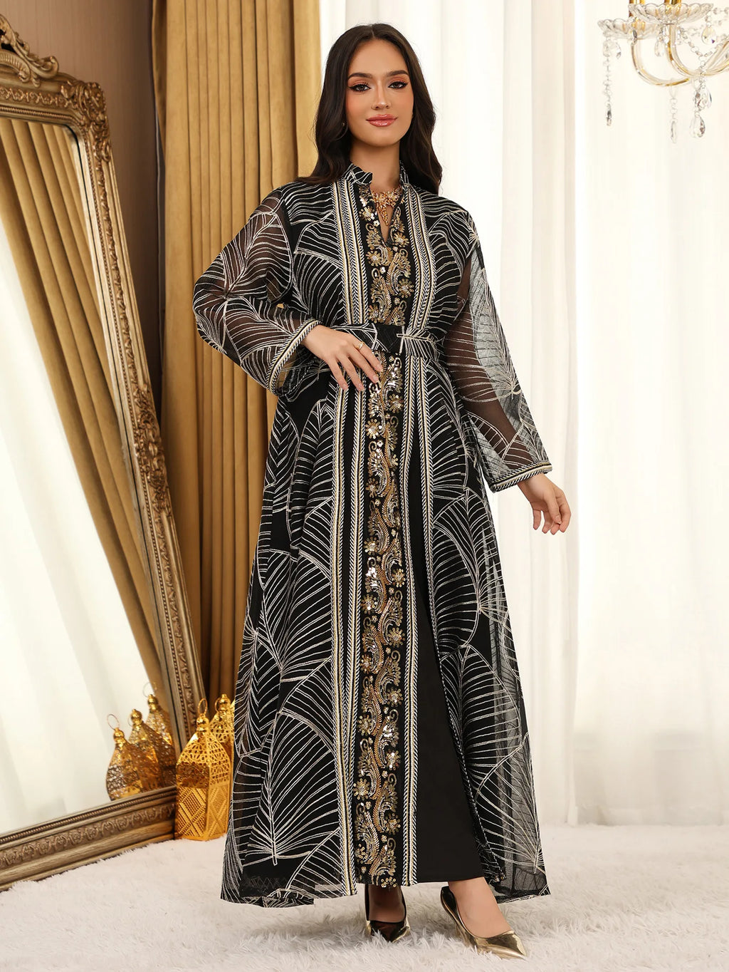 Women Mesh Sequins Dress Elegant Abaya  Eid Party Gorgeous Embroidery Dresses Lace-up Muslim Jalabiya  Vestidos Largos Robe 2025