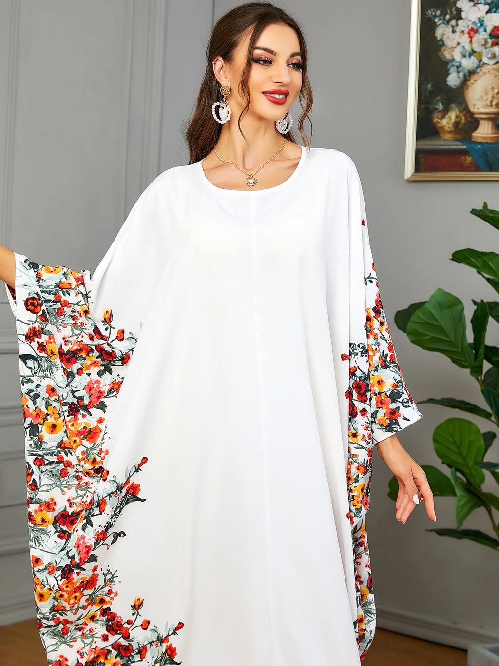 Eid Muslim Party Dress for Women Ramadan Abaya Bat Sleeve Print Long Robe Morocco Kaftan Vestidos Largos Dubai Jalabiya 2024