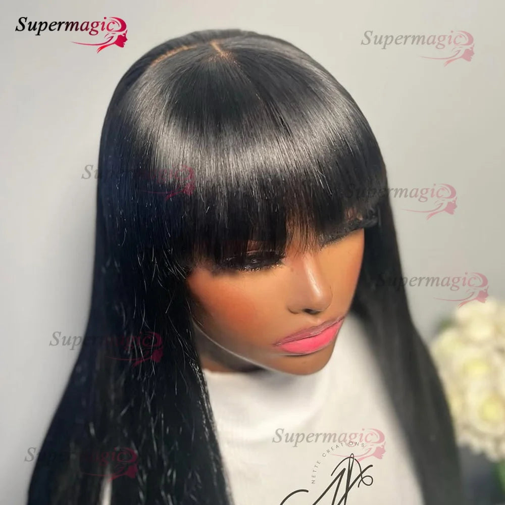 Raw Indian Bone Straight Human Hair With Bangs 4x4 Lace Middle Part Wigs For Black Women Brazilian 30 32 Inch Cheap Glueless Wig