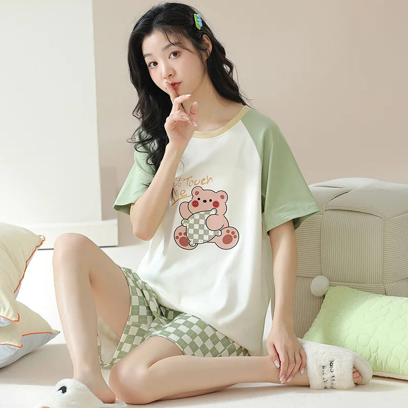 Dropshipping Female Pijamas Cartoon Summer Short Women Pajamas Sleeve Shorts Nightwear Sweet Sleepwear Pyjamas Woman Home Suit